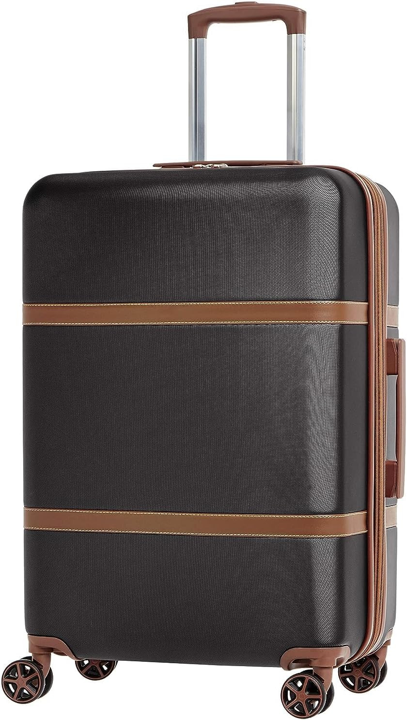 26 Inch Hardside Checked Luggage with Leather Detailing Hardshell Suitcase Black