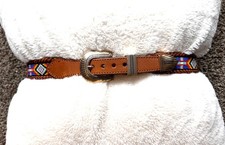 Vintage Aztec Beaded Brown Leather Belt Sze 30 1991 Southwest Native