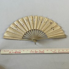 Vintage Wooden  Canvas Hand Fan Fold Up 1920-1930 Ivory Floral Japan Antique