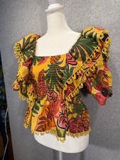 FARM RIO M Tropical pineapple smocked ruffle crop pom pom trim flutter sleeve