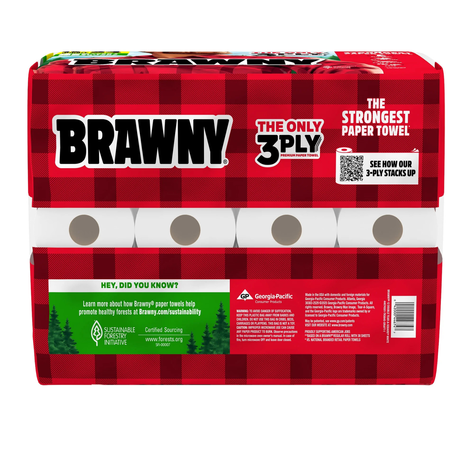 Brawny 12 Double Rolls = 24 Regular Rolls - Tear-A-Square 3-Ply Paper Towels
