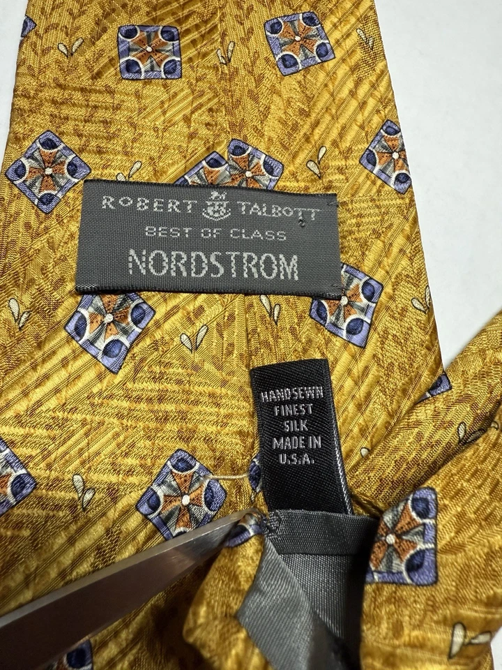 Corbata de seda Robert Talbott Best in Class de colección dorada azul marrón jacquard geométrico EE. UU. Foto 3 de 4