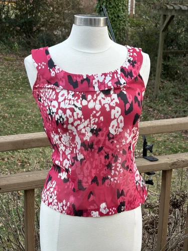 St. John Silk Top, Abstract Animal Print, Pink & Black, Small, Women’s