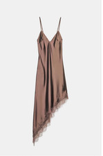 ZARA NEW WOMAN SATIN EFFECT ZW ASYMMETRIC LACE DRESS CHOCOLATE XS