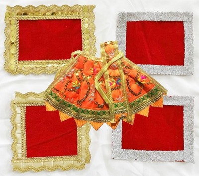 Set of 4 Red Velvet Puja Asan For Mandir Chowki Pooja + FREE MATA RANI DRESS