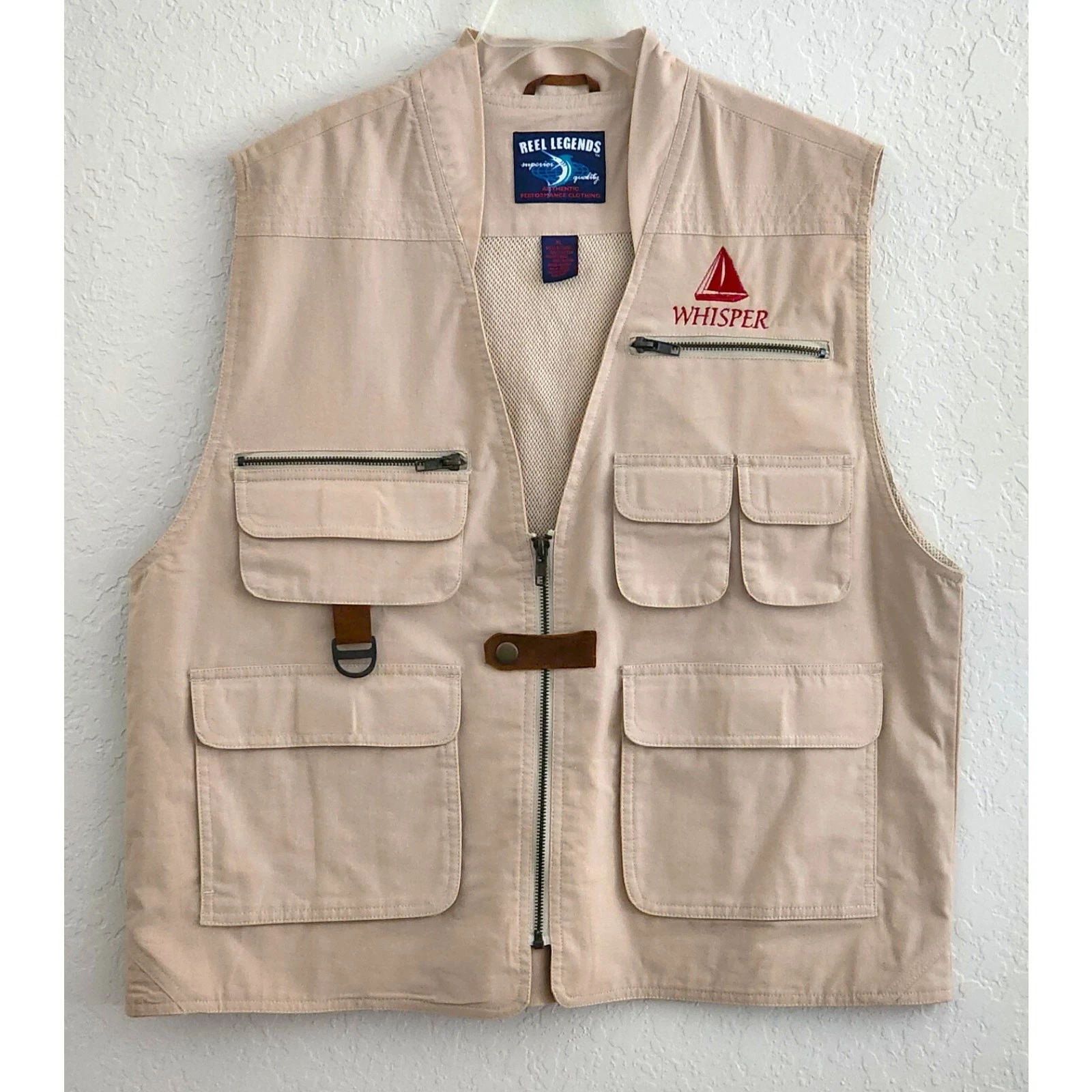 Fishing Vest-Reel Legends-Beige-Pockets-Zippers-Snap & Zip Closure-SIZE XL