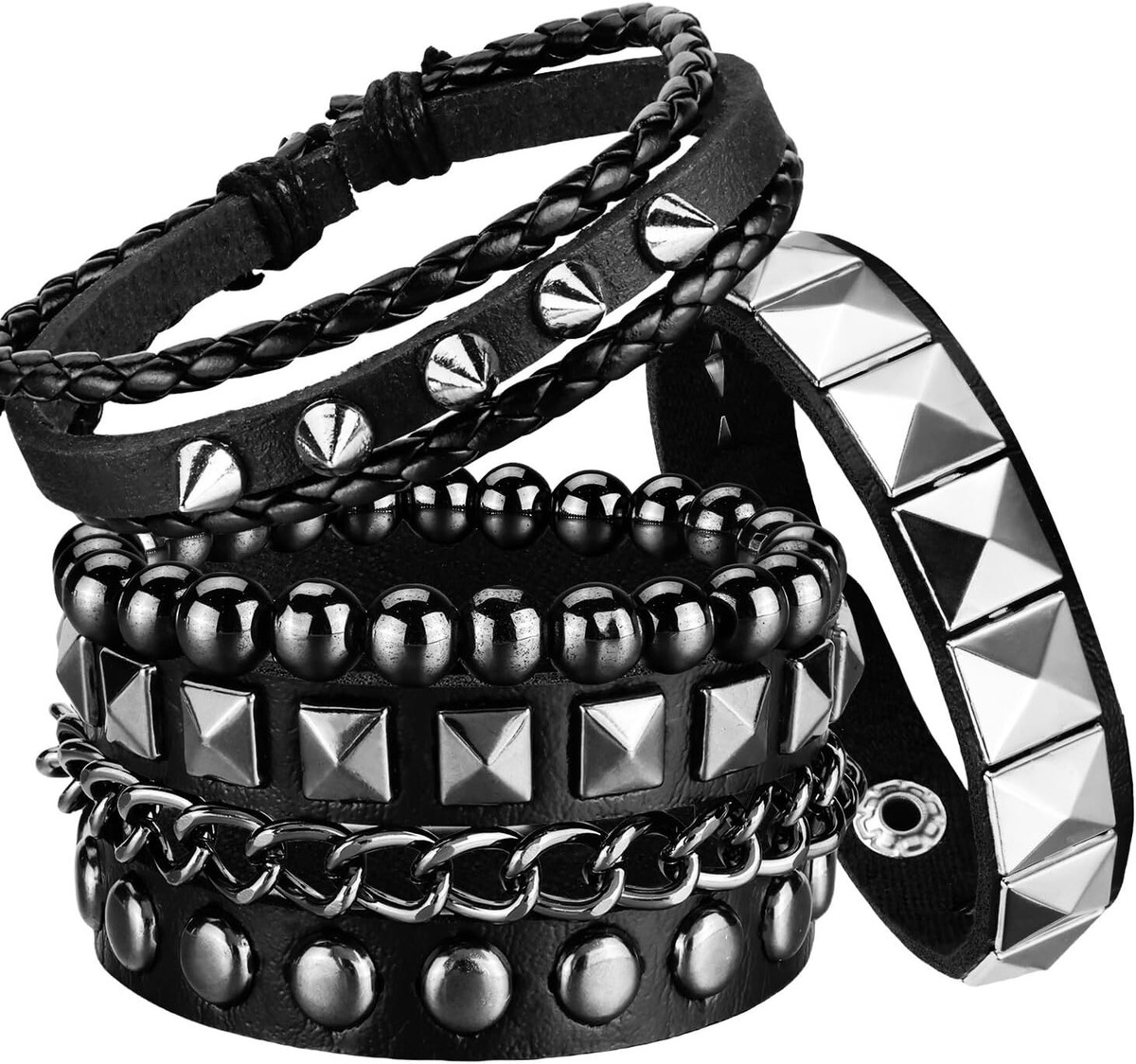 4 Pcs Punk Rock Leather Studded Bracelets for Men Women 80s Gothic
