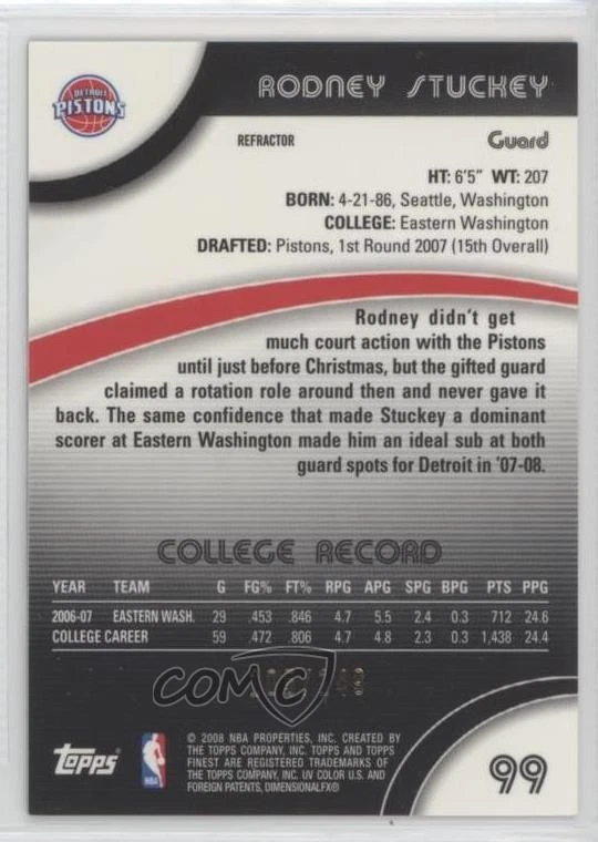 2007-08 Topps Finest Green Refractor /149 Rodney Stuckey #99 Rookie RC - Image 2 of 2