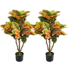 2PCS Artificial Croton Plant, Faux Fiddle Leaf fig Tree,Artificial Trees for ...