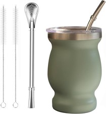Bombilla Yerba Mate Gourd, 8oz Stainless Steel Tea Cup Set with a