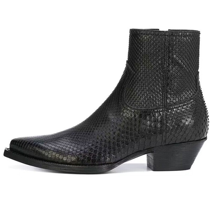 Chelsea Boots Men Fashion Real Leather Snake Print Pointed Toe Side Zipper Shoes-image