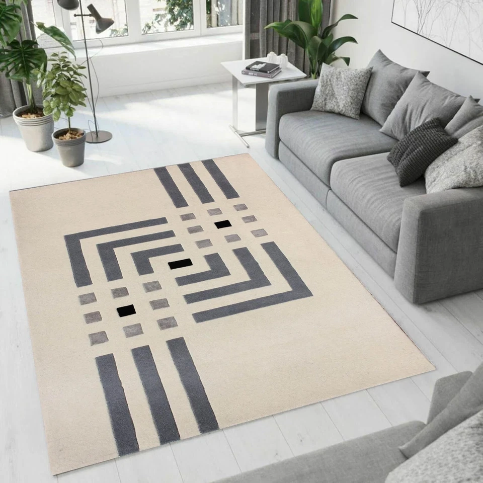 Tapis géométrique moderne : touffeté à la main, motif abstrait - Photo 1/4