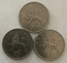 Great Britain (United Kingdom) 1974, 1975, & 1976  Ten (10) New Pence 3 Coin Lot