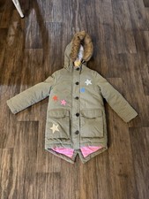 Mini Boden Kids' Cozy Rainbow Star Parka in Army Green Size 6-7