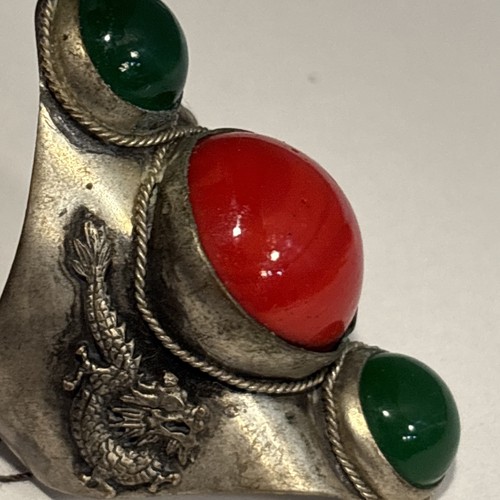 2" Rare Old Chinese Silver Inlay Gems Fengshui Dragon Beast Jewelry Ring - Picture 10 of 23