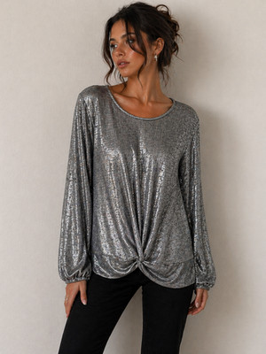 Women's Large Silver Metallic Twist Front Top Blouse Draped Shimmer Party