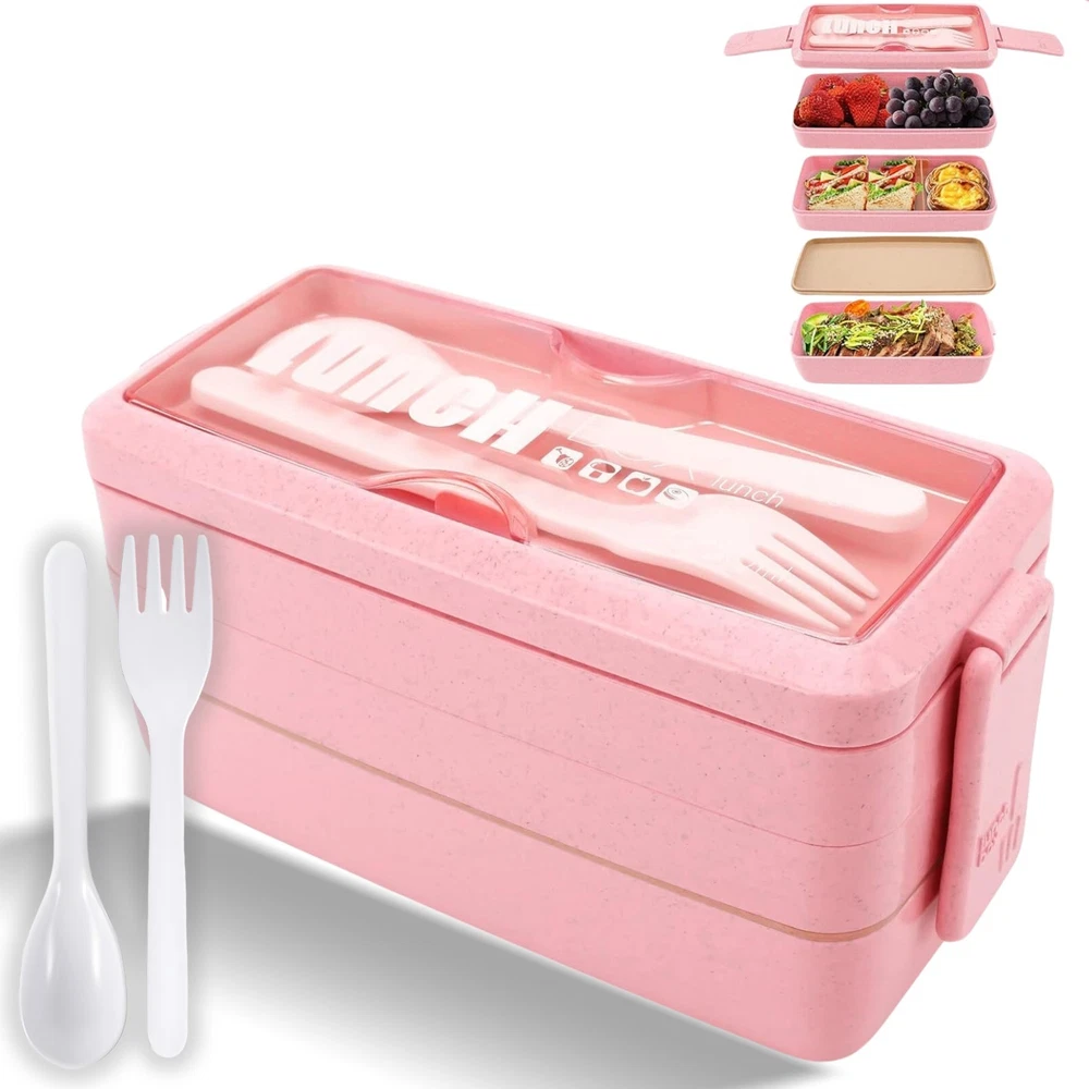 Bento Box Layered Lunch Box Adults 3 Layer 900ml - 1600ml Spoon Fork Womens Mens