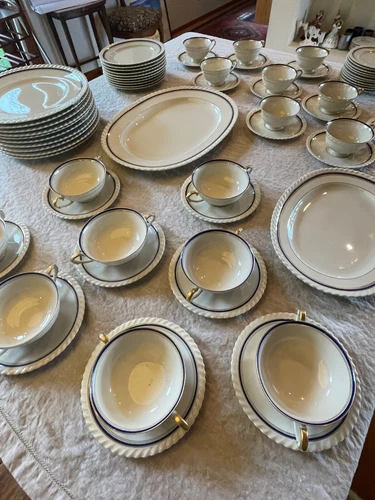 Krautheim Bavarian China Sapphire Lot 76 pcs blue gold stripe