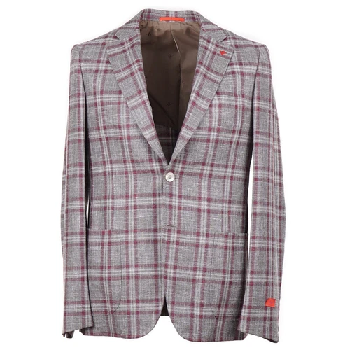 Isaia Slim-Fit Gray-Burgundy Check Wool-Linen-Silk Sport Coat 40R (Eu 50) NWT