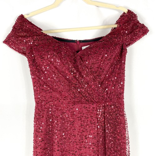 Teri Jon Burgunderrot Kleid Pailletten Perlen Tüll Schulterfrei Kleid Gr. 2 Damen - Bild 3 von 9