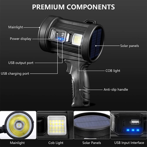 Solar LED Searchlight Rechargeable Spotlight Handheld Torch Light Lamp w Holder - Picture 6 of 19