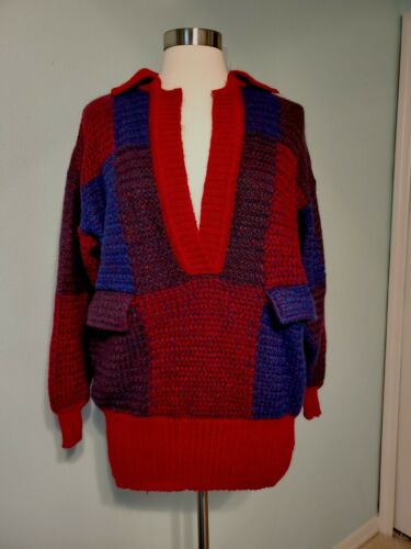 Vintage 1980s Basler Red Blue Deep V Oversized Sweater with Pockets Size 10 US - Afbeelding 1 van 10