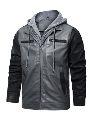 Men's Faux Leather Hooded Motorcycle Bomber Jacket Removable Inner Layer