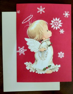 Vintage ''Holly Babes'' Angel Christmas Card by Ruth Morehead, Angel & snowflakes