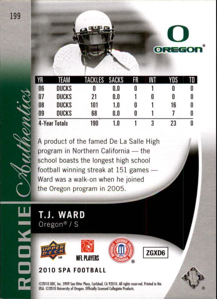 B2917- 2010 SP Authentic #199 T.J. Ward RC /999 SAMPLE PIC - Image 2 of 2
