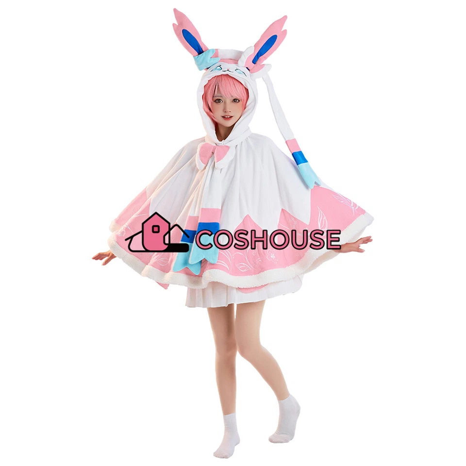 Poncho polar Kigurumi capa corta con capucha Kawaii para mujer con bufanda y cola Foto 4 de 4