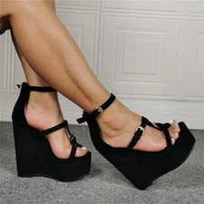 Sexy Women Buckle Strap Open Toe Roman Sandals High Wedge Platform Heel Shoes