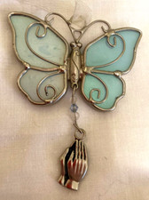 Stained Glass 3" Sun Catcher Aqua Blue Butterfly w/ Metal Praying Hands Charm