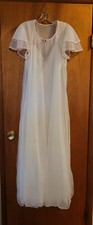 Vintage Val Mode Lingerie Gown Sheer Robe White Pink Piping Trim Long Sz S