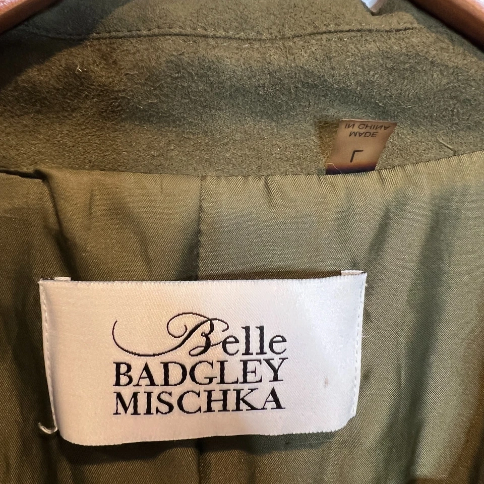 Gabardina Belle Badgley Mischka para mujer imitación gamuza verde envolvente talla L Foto 4 de 4