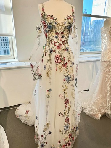 3D Flowers A-Line Wedding Dresses Spaghetti Straps Long Sleeve Bridal Gowns - Picture 2 of 11