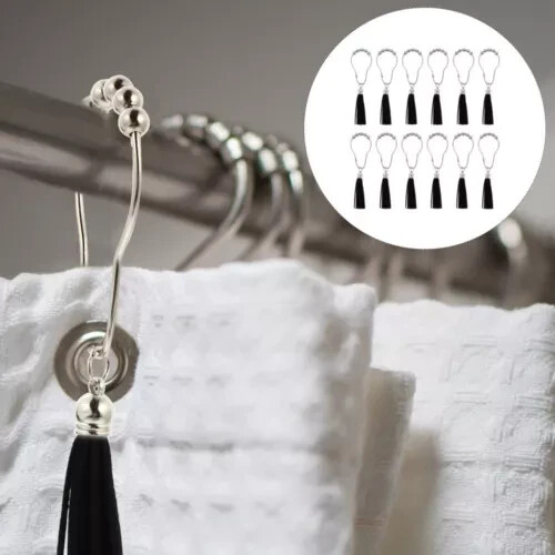 Set of 12 Silver Metal Shower Curtain Rings Hook & Black Tassels Gothic