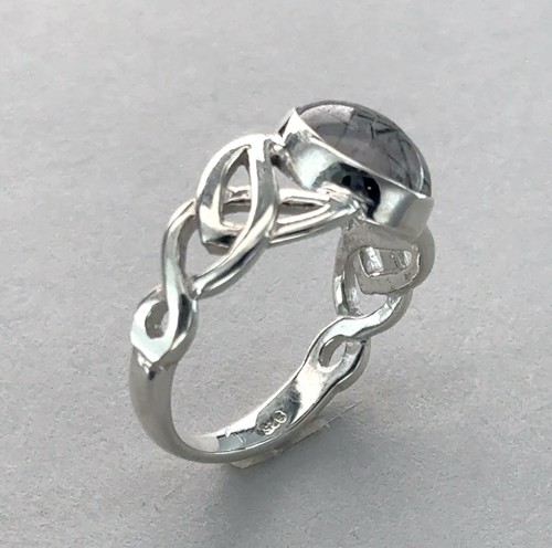 Black and White Oval Rutilated QUARTZ Celtic Ring 925 STERLING SILVER #5e - Picture 8 of 8