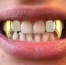 Custom Fit 14K Gold Plated 2 Teeth Tooth Fangs Fang Caps Grillz Set + Molds