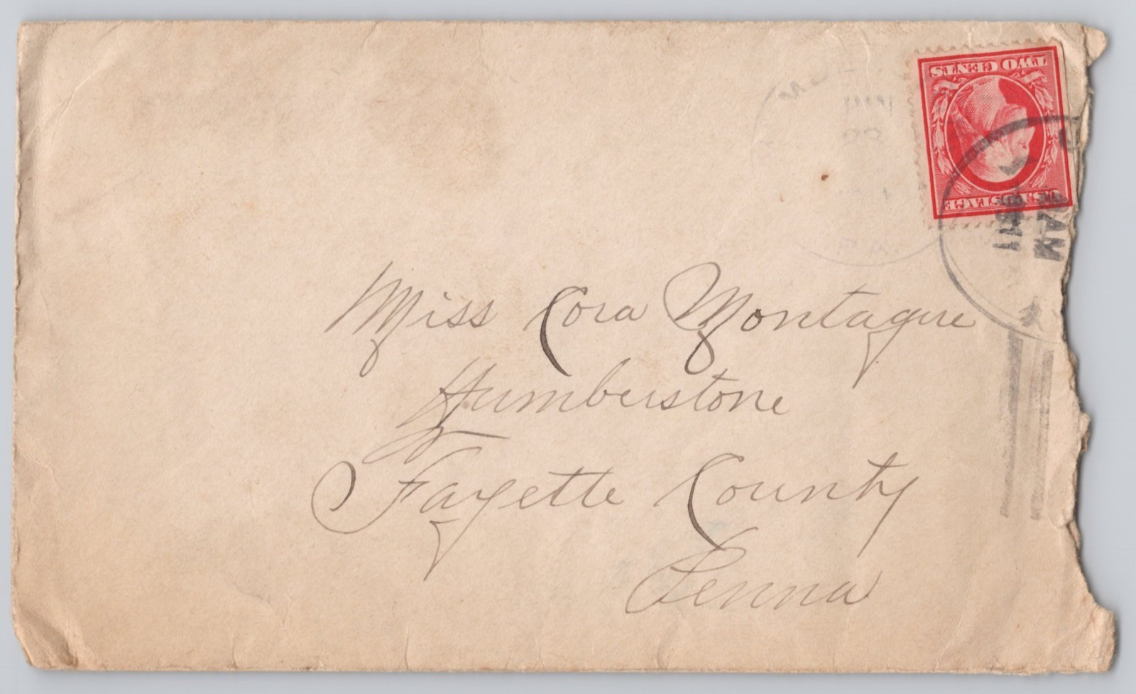 Fayette County, Tennessee, Addressed Cover to Miss Cora Montague 2c Washington