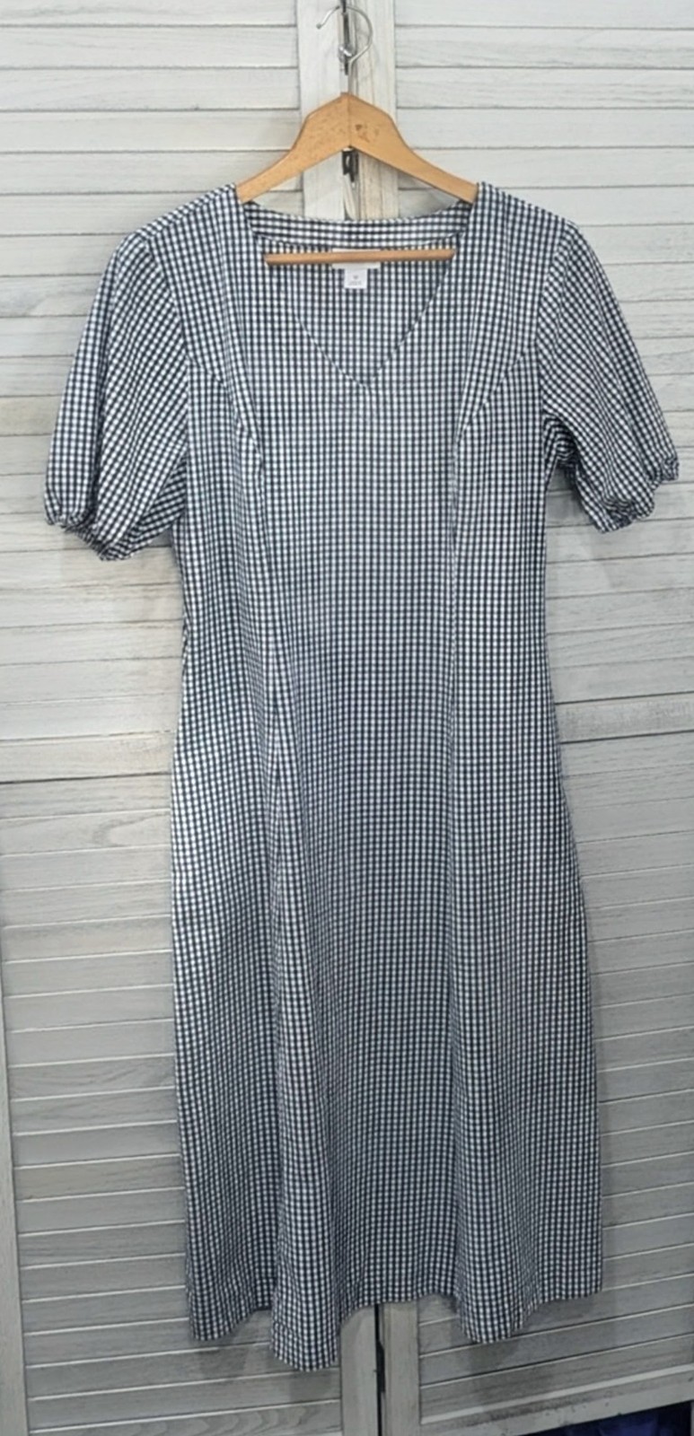 Liz Claiborne Sz 12 Blue White Gingham Midi Cotton Dress Short Puff Sleeves