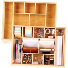 2 Pcs Bamboo Desk Drawer Organizer, 10 Compartment Junk Drawer Box  Large