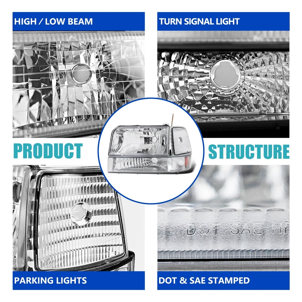 Fits 1992-1996 Ford F150 F250 F350 Bronco Headlights Corner Signal Bumper Lights - Imagem 4 de 4
