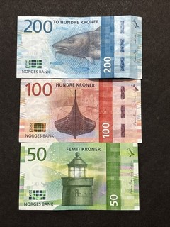 Set Of Bank Of Norway 50 100 & 200 Kroner Banknotes Newest Series
