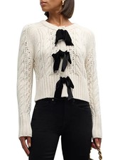 Veronica Beard Christina Cable-Knit Bow Wool Easy-Fit Sweater Large