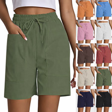 Damen Shorts High Waist Sommer Bermuda locker l&auml;ssig mit Taschen kurz Hose