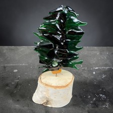 Art Glass Evergreen Tree Sculpture on Birch Wood Base Green Black Forest Decor