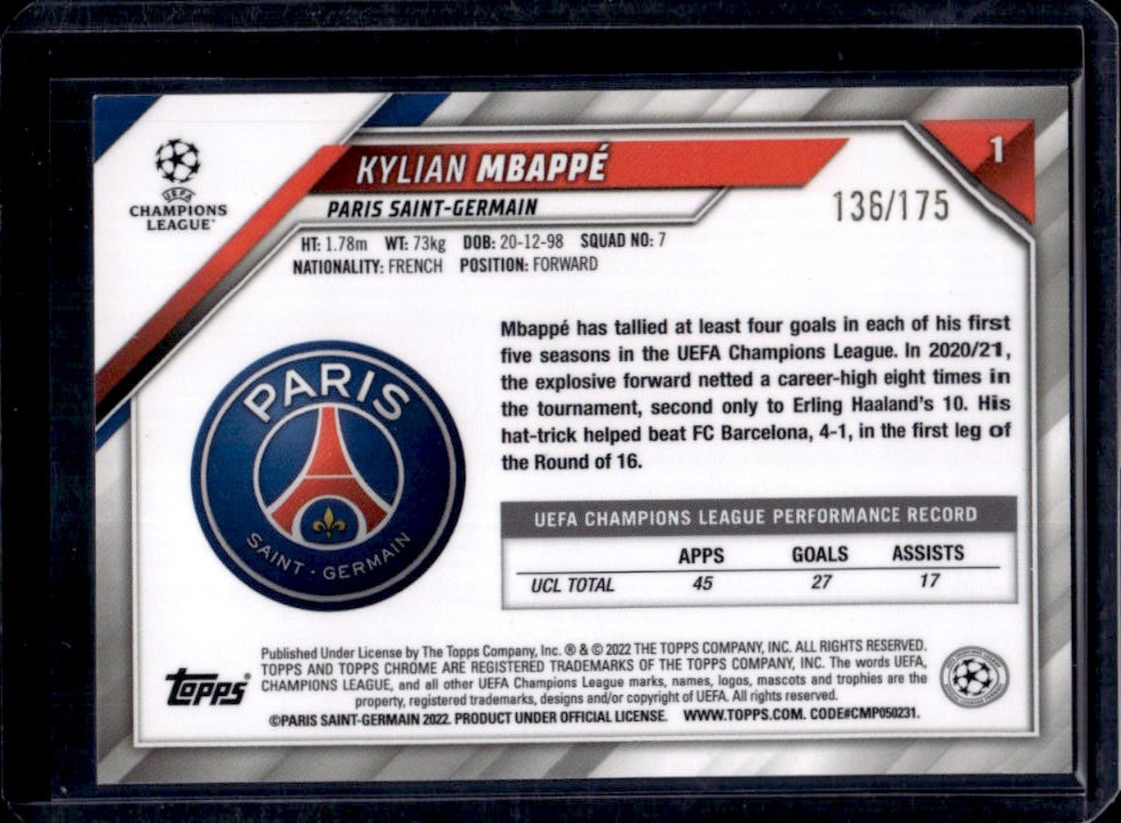 2021-22 Topps Chrome UEFA Kylian Mbappe Pink Refractor #/175 PSG view 2