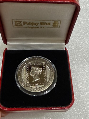 #ad 1990 Isle of Man Penny Black 150th Anniversary Silver 1 Crown in Case $75.00