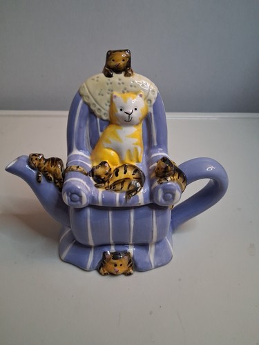 Miniature Decorative Pfaltzgraff Art Pottery Tabby Cats Chair Teapot Trinket Box