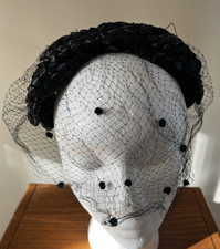 Vintage Black Bow STRAW HAT with Netting SEE DESCRIPTION 